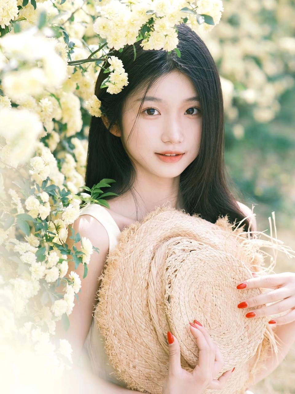 长头发的女人和一个织布的钱包为一张照片。