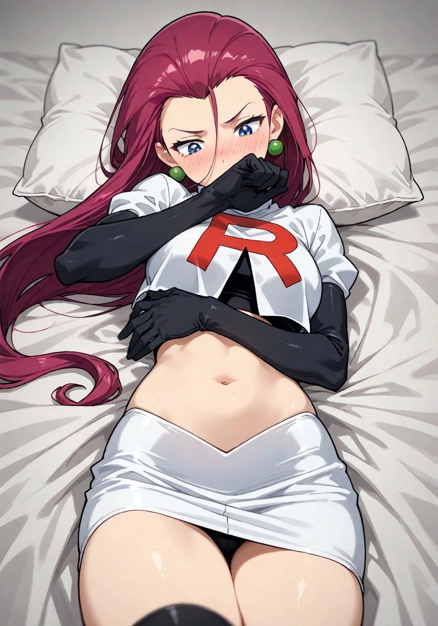 一位穿着白色衬衫和黑色手套的女人躺在床上。