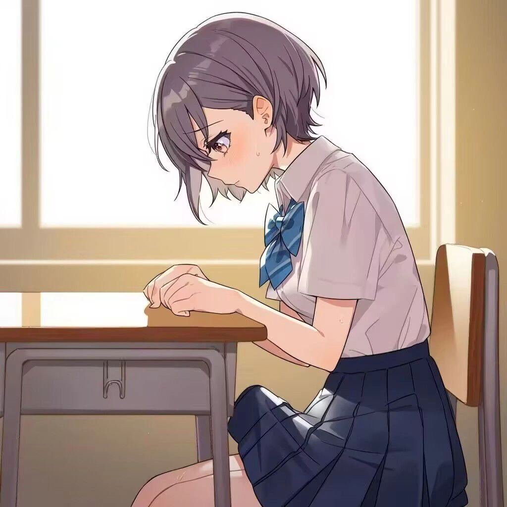 带着蓝弓的女孩坐在一张桌子上。