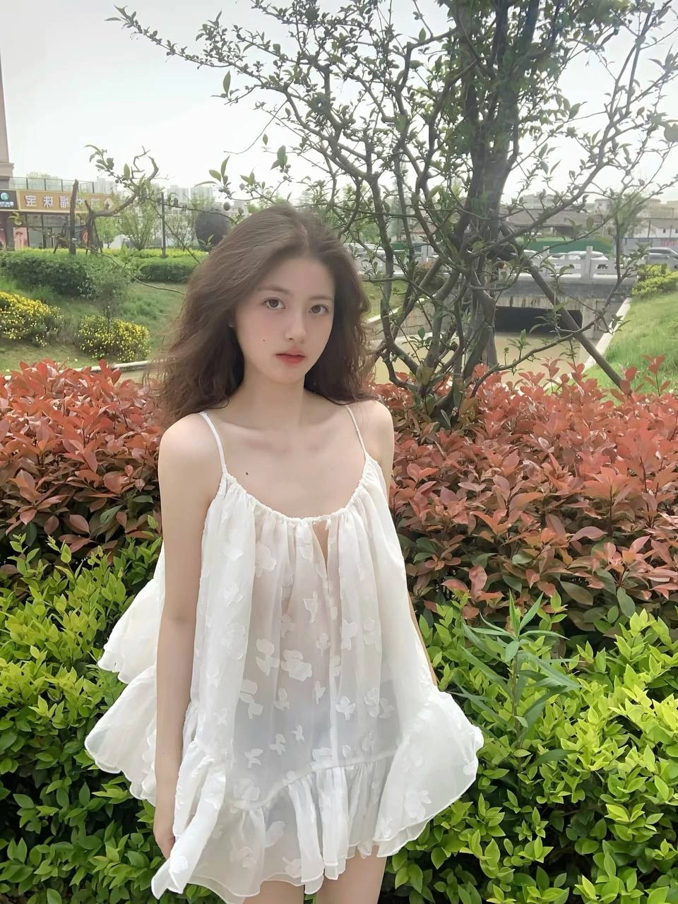 长头发的女人,一件白色的衬衫。