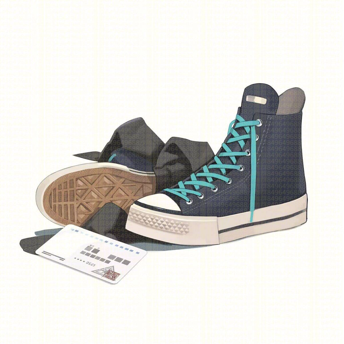 一双蓝色和白色的鞋子,周围有一条黑色带。