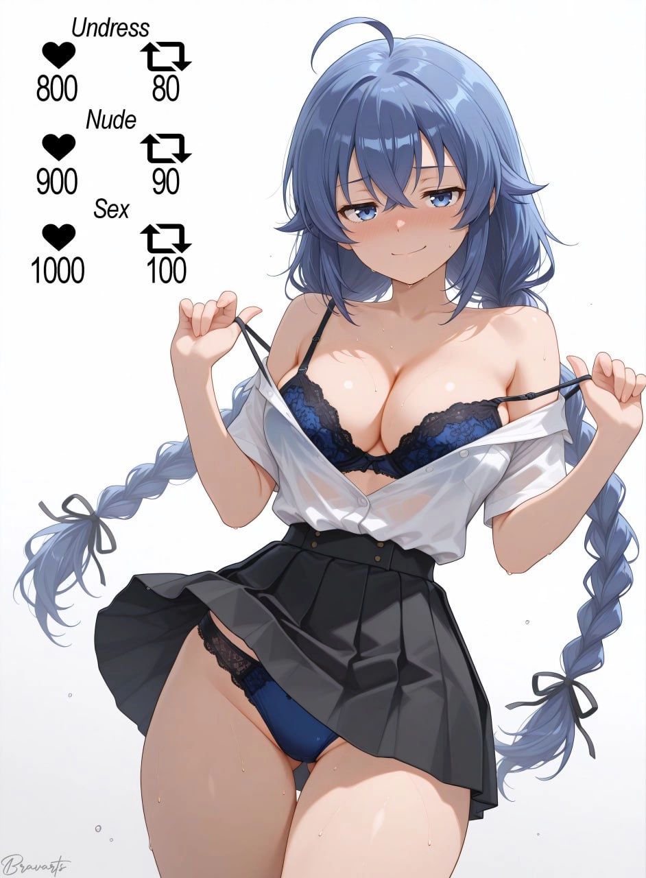 穿着白色衬衫和黑色裙子的女孩握着她的胸罩。