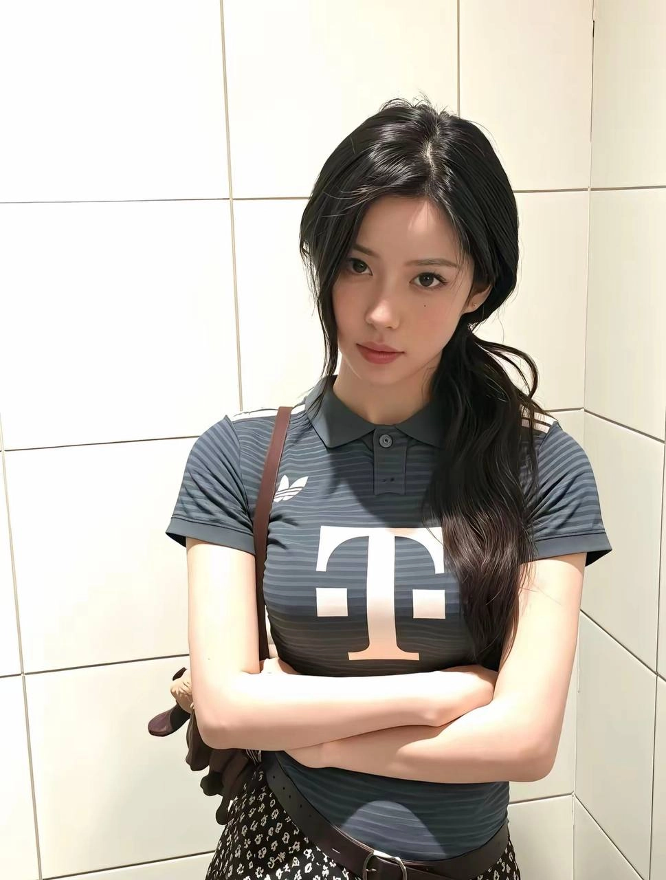 一位女人穿着一件蓝色衬衫,上面写着“FCK”。