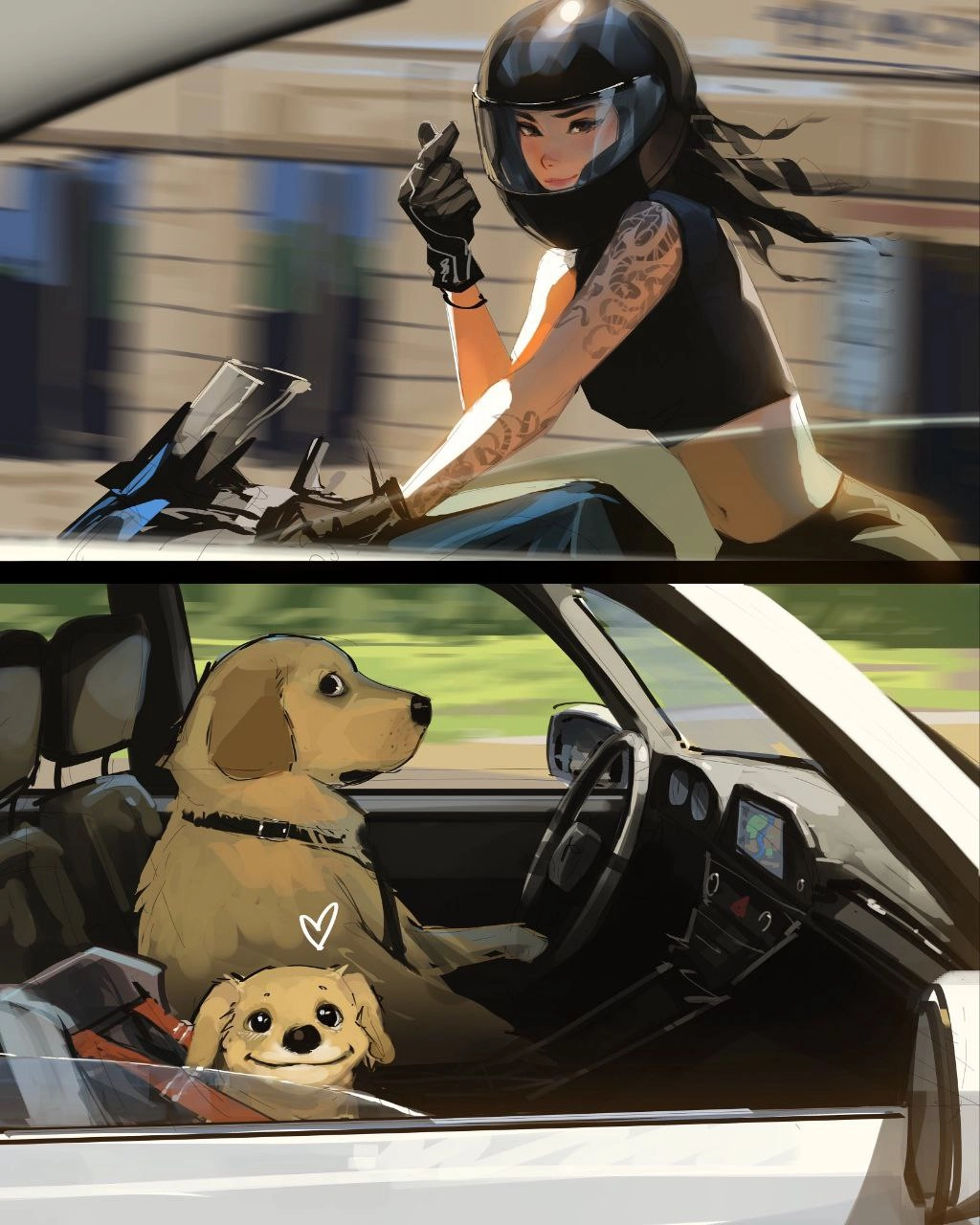 女人骑着摩托车,一只狗坐在乘客座位上。