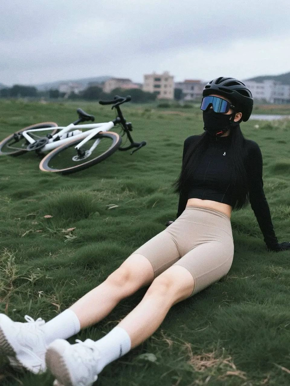 穿着黑色衬衫和黑头盔的女人坐在草地上。