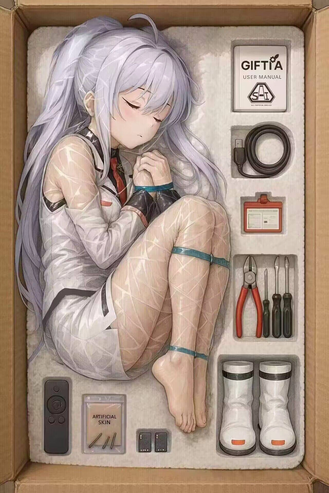 漫画女孩睡在一个盒子里。