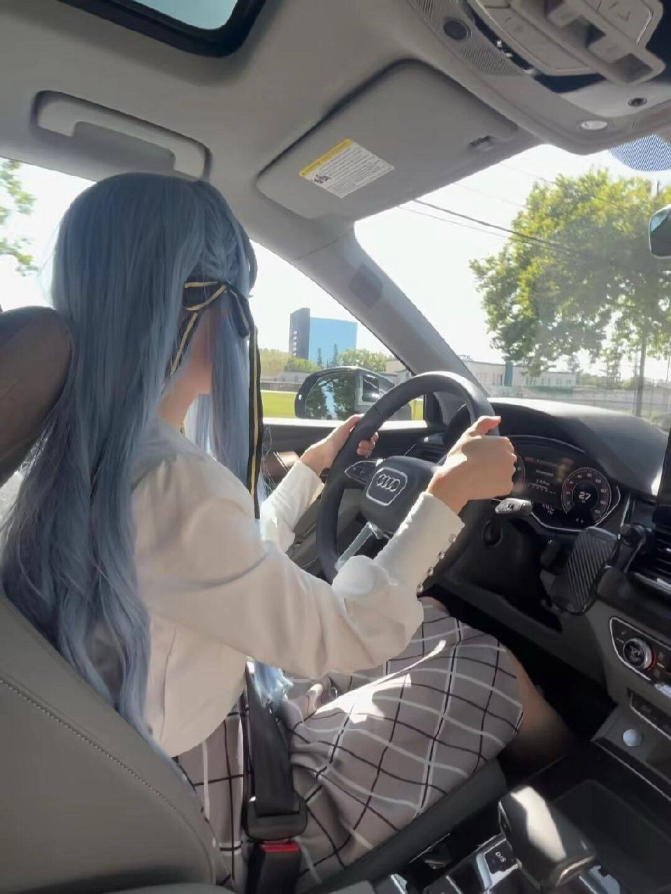 蓝头发的女人开车。