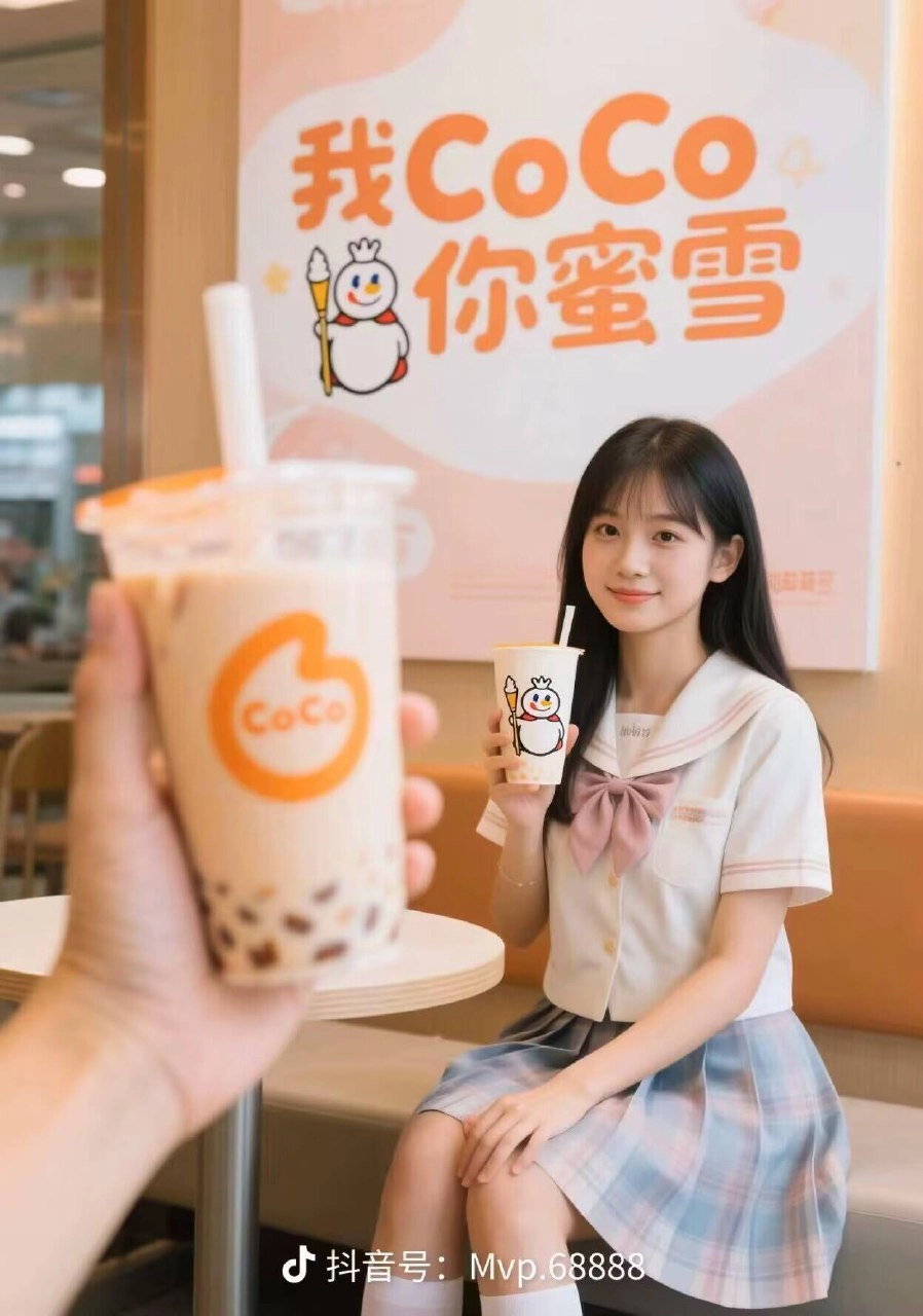 穿着白色衬衫和粉红色的弓的女孩拿着一杯椰子牛奶。