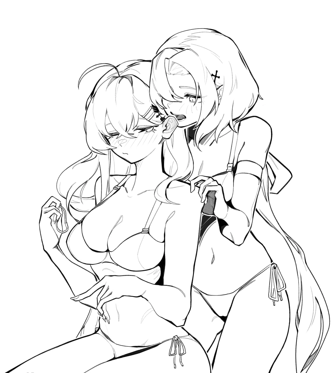 两个女人在比基尼,在她的嘴里有牙刷。