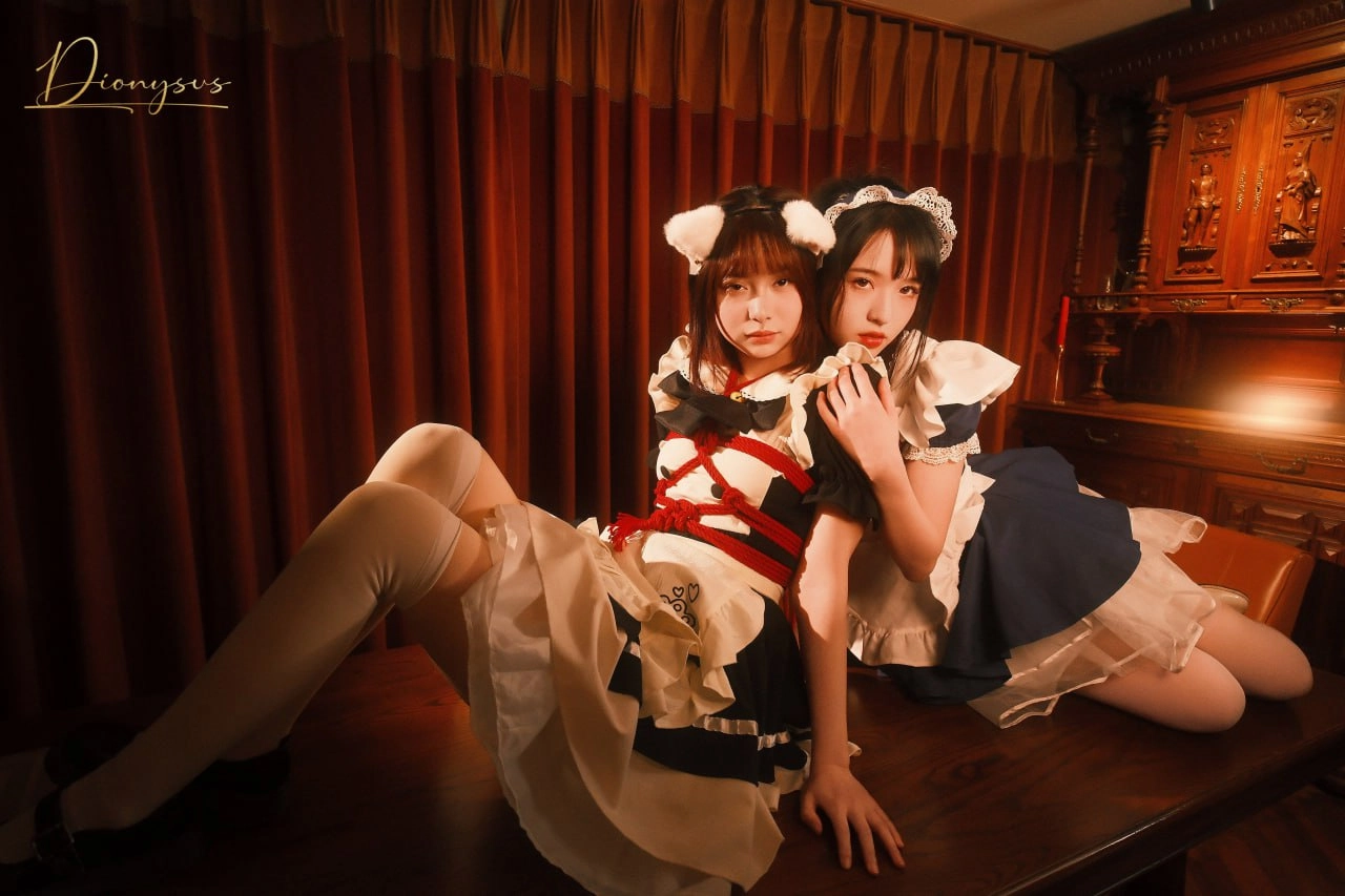 两个女仆坐在钢琴台上。