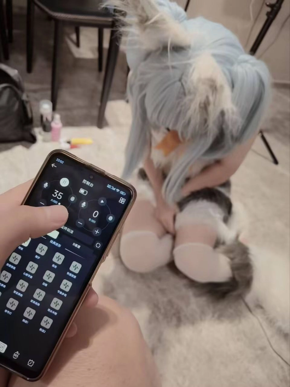 人拿着手机,一只猫坐在前面。