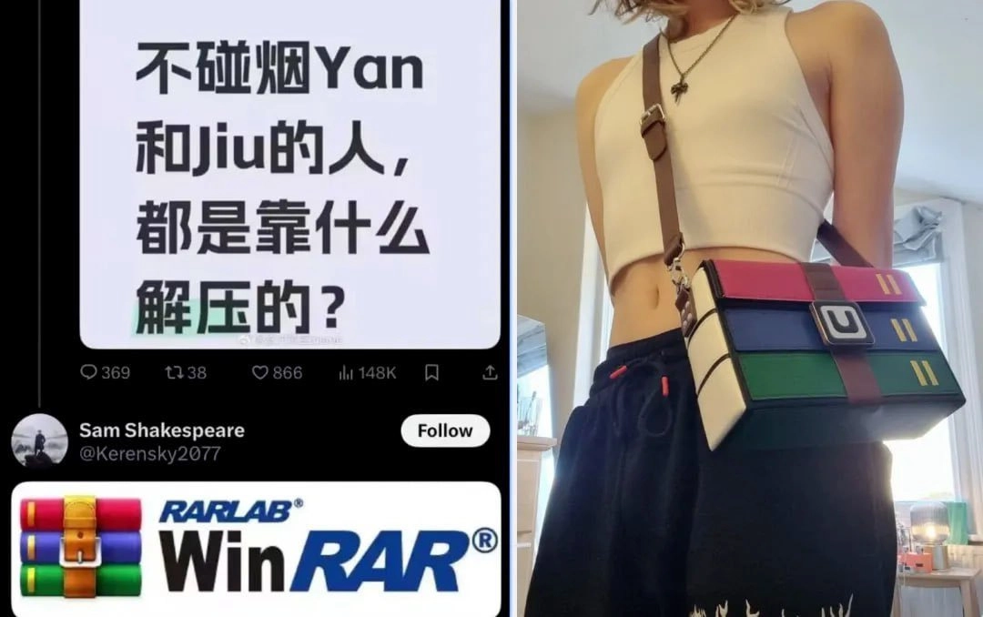 女人穿着一件白色的衬衫,拿着一件彩色的袋子。