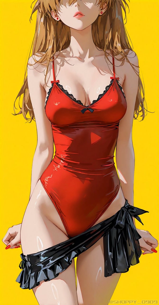 女人穿着红色比基尼和黑色弓。