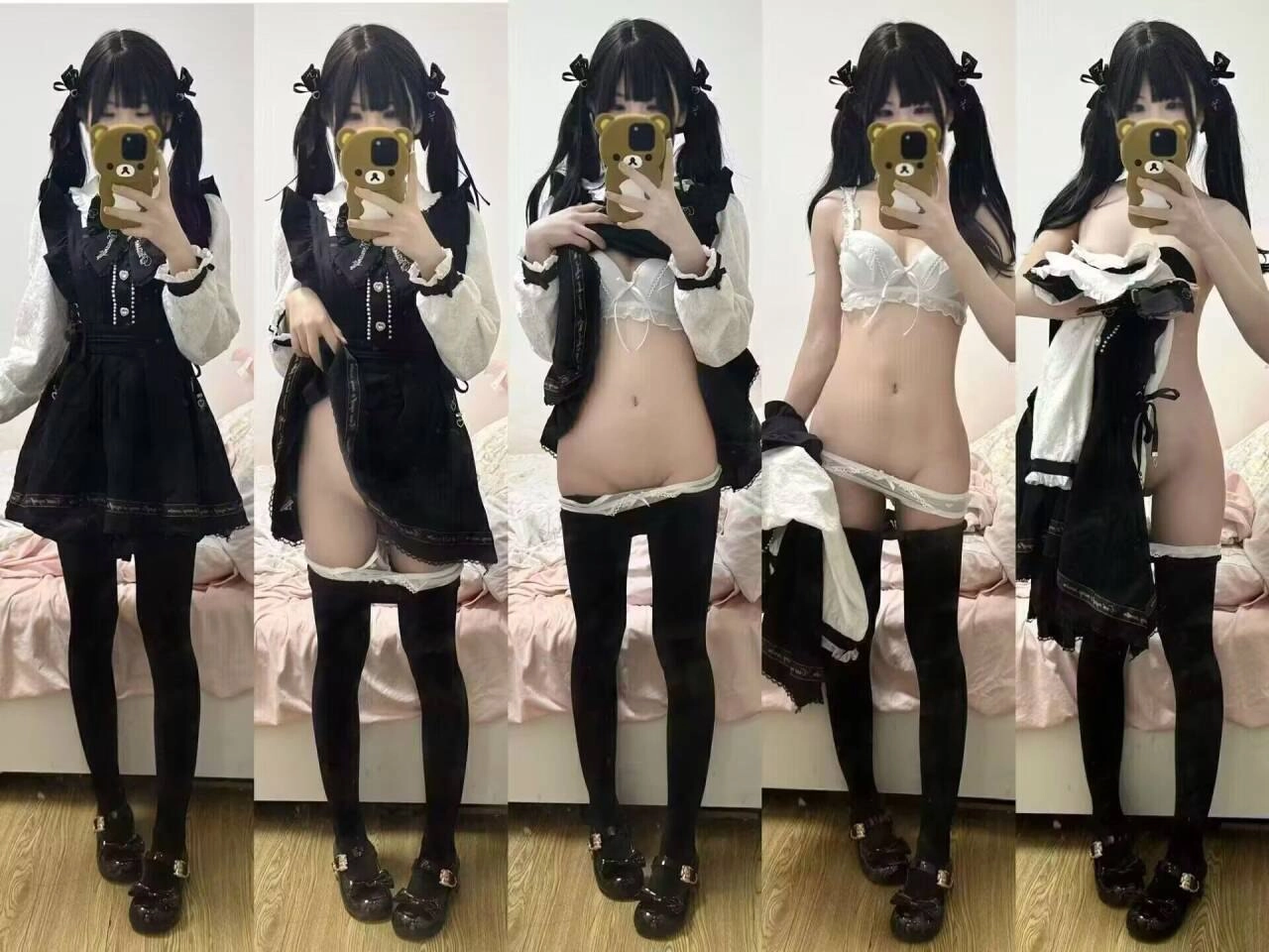 女人在四个不同的服装的房间里拍自拍。