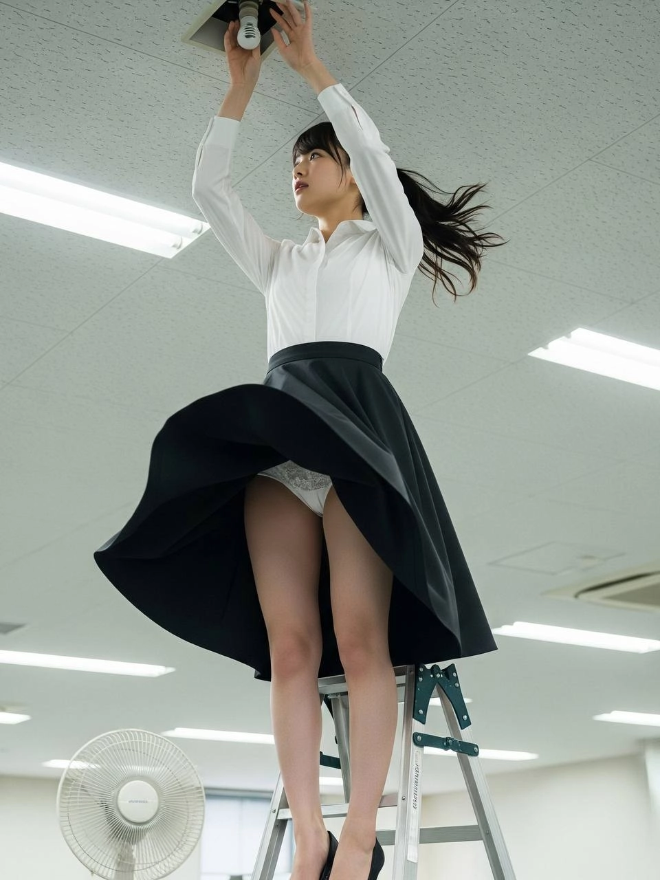 穿着黑色裙子和白色衬衫的女人站在椅子上。