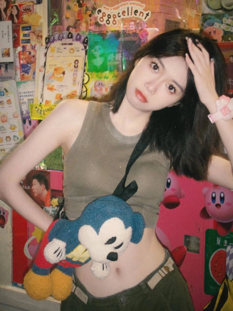 女人用一只装满的动物和一个手提包。