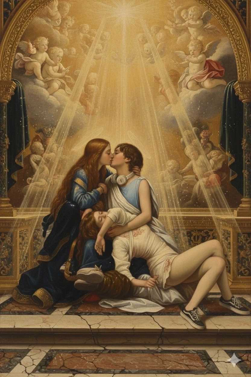 三个人在街上接吻。