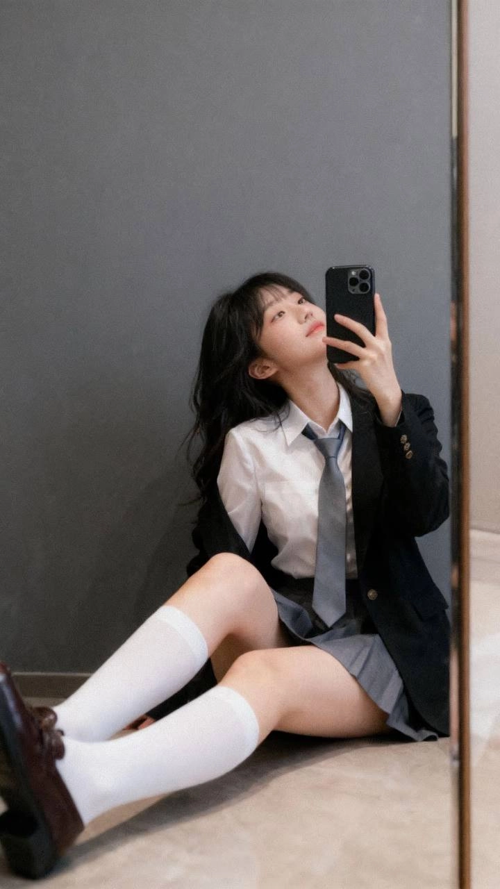 穿着裙子和领带的女人拍了一张自拍。