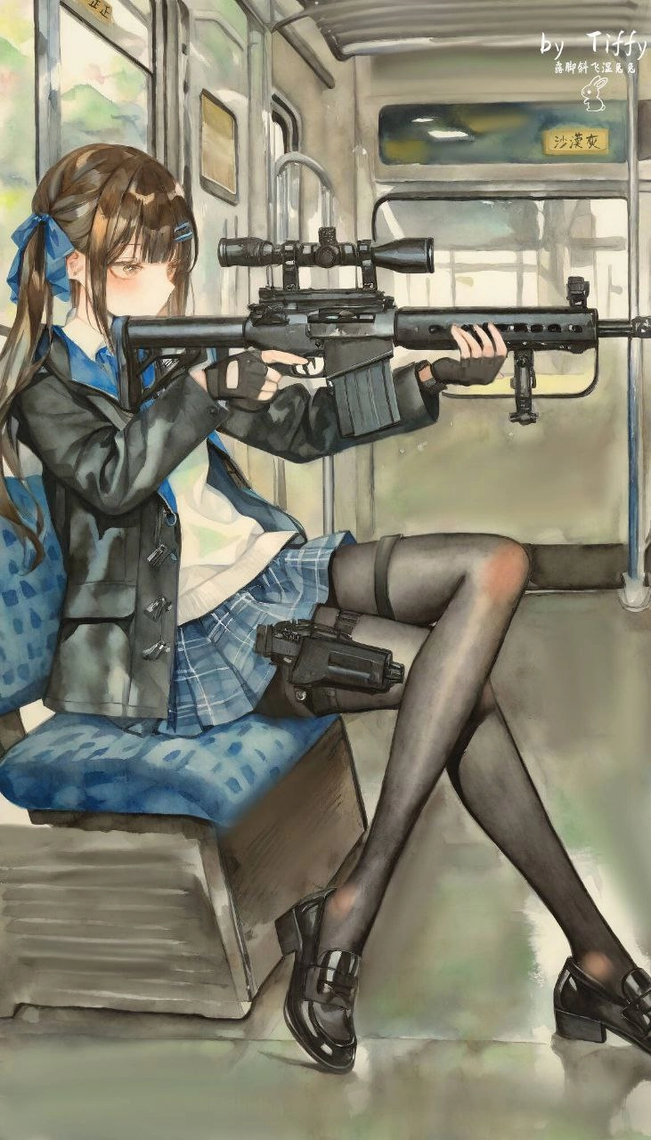 穿着黑色夹克和裙子的女人拿着一把枪。