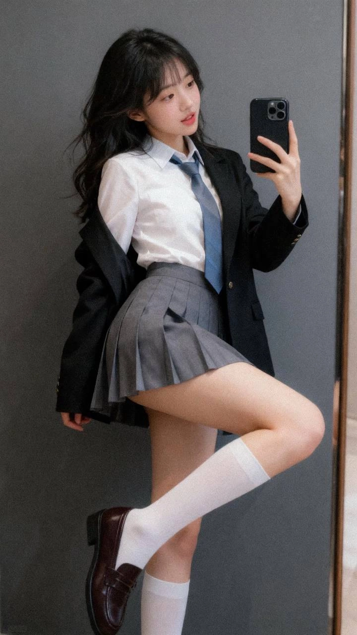 穿着裙子和领带的女人拍了一张自拍。