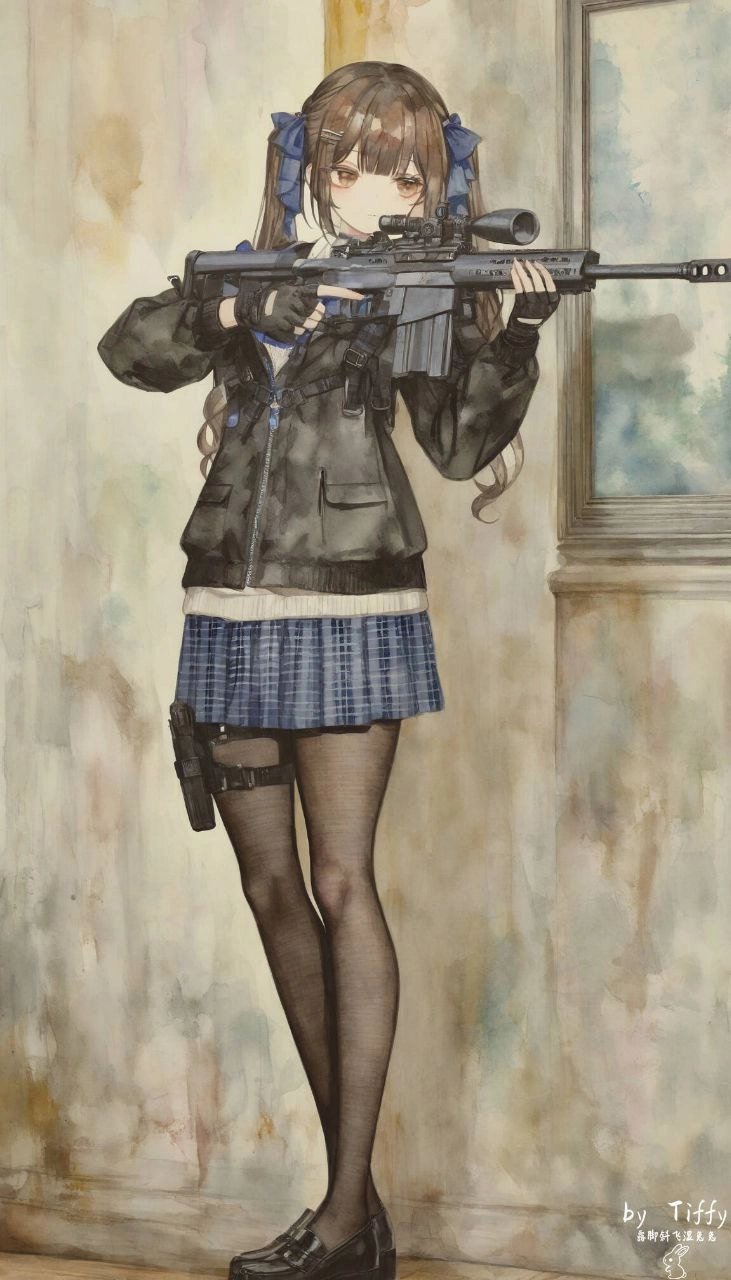 穿着黑色夹克和裙子的女人拿着一把枪。