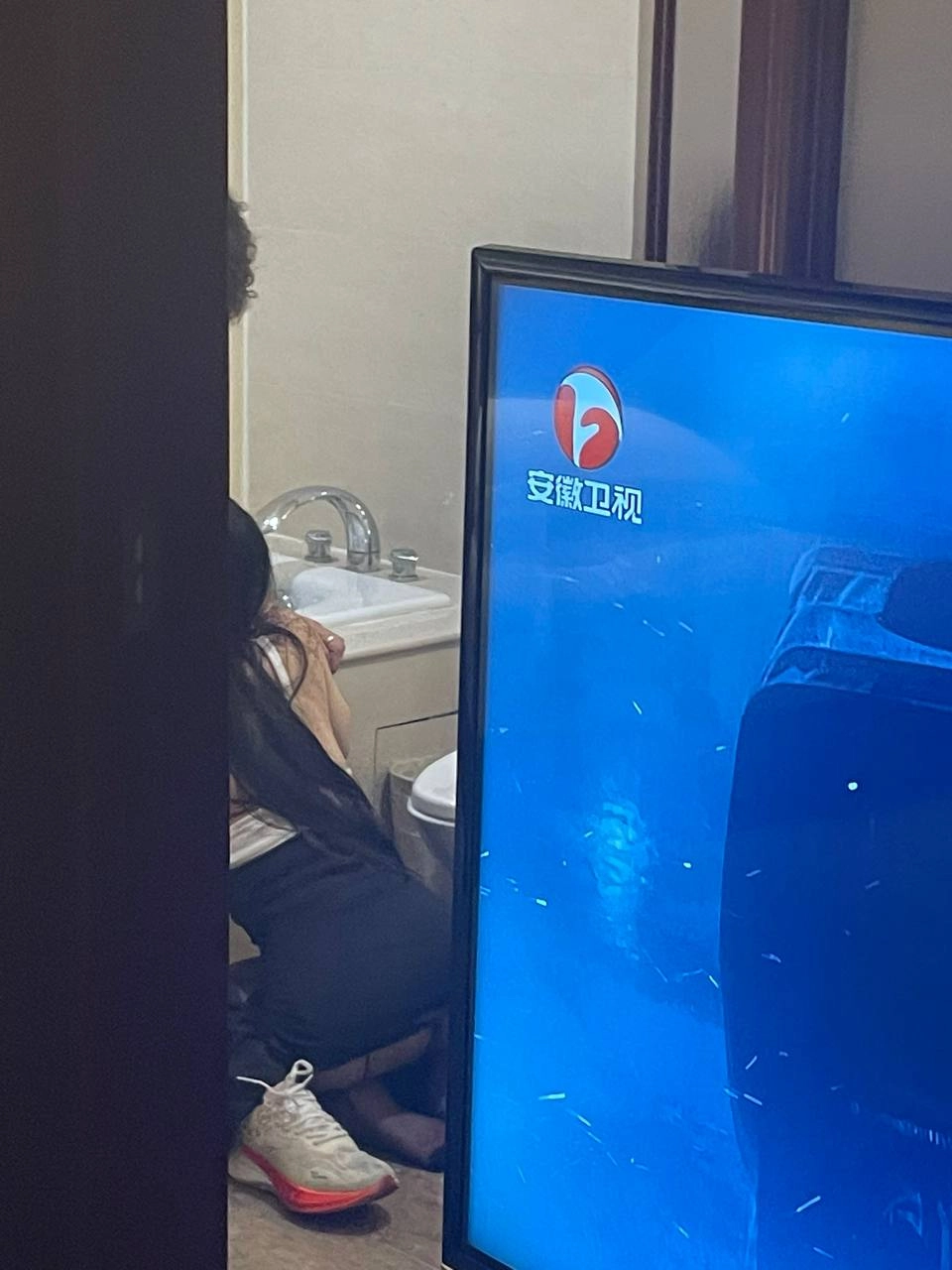 女人坐在电视机前的厕所上。