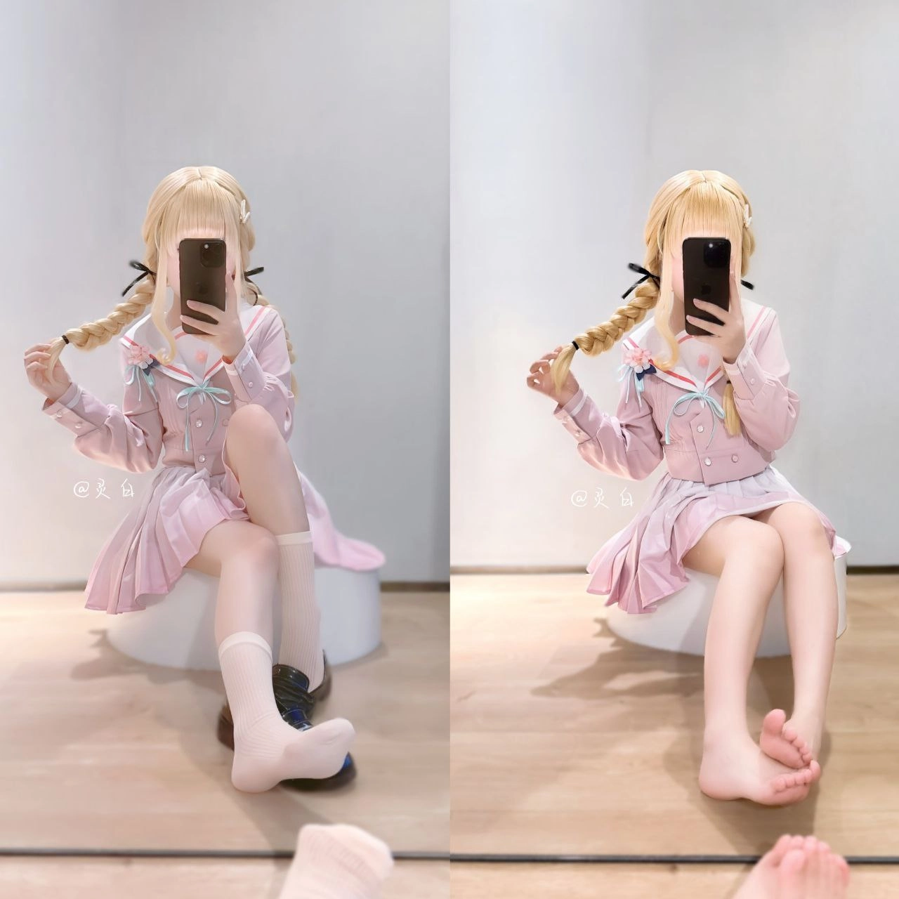 女孩用手机拍自拍。