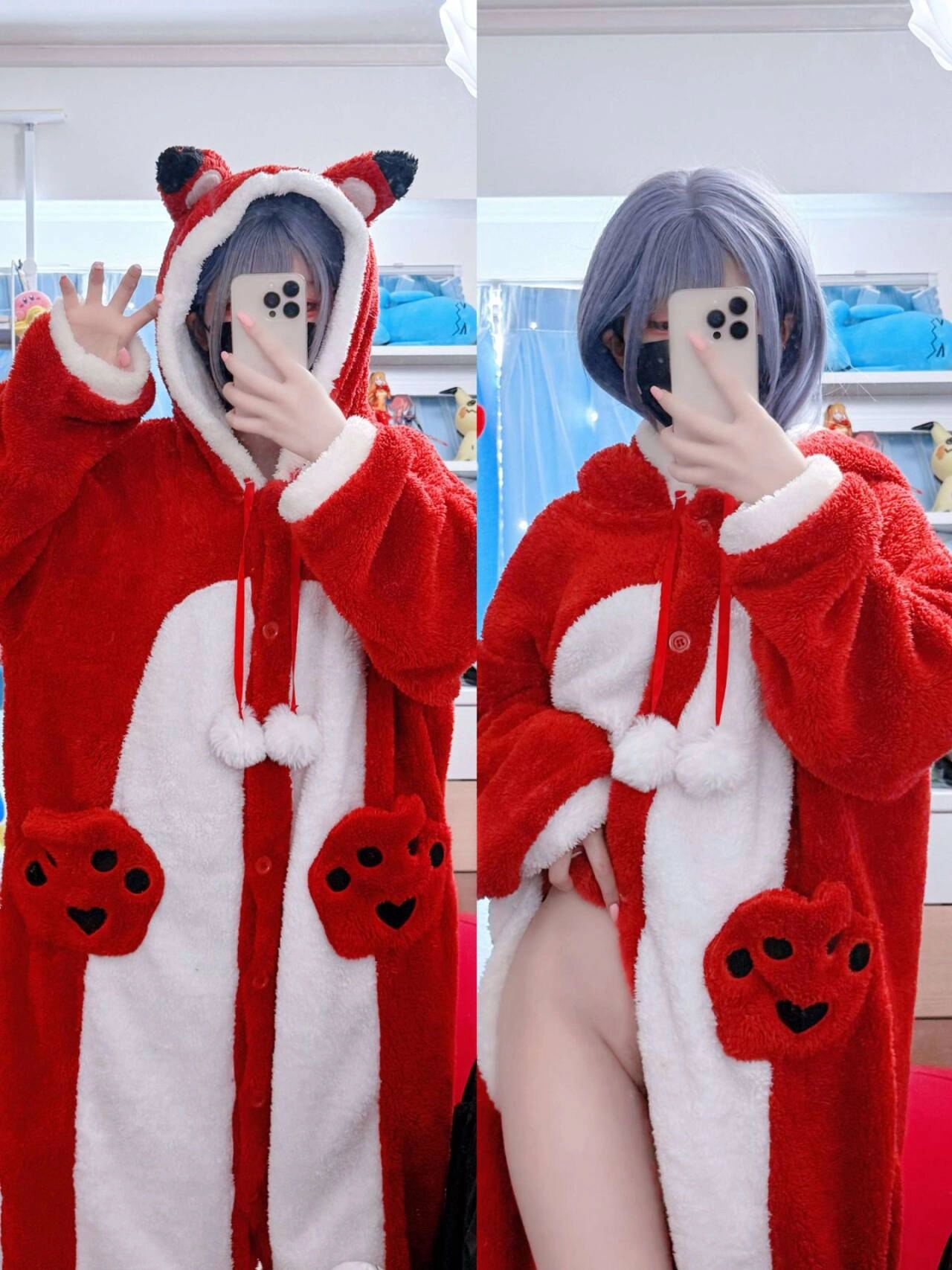 一位穿着红色和白色服装的女人拍了一张自拍。