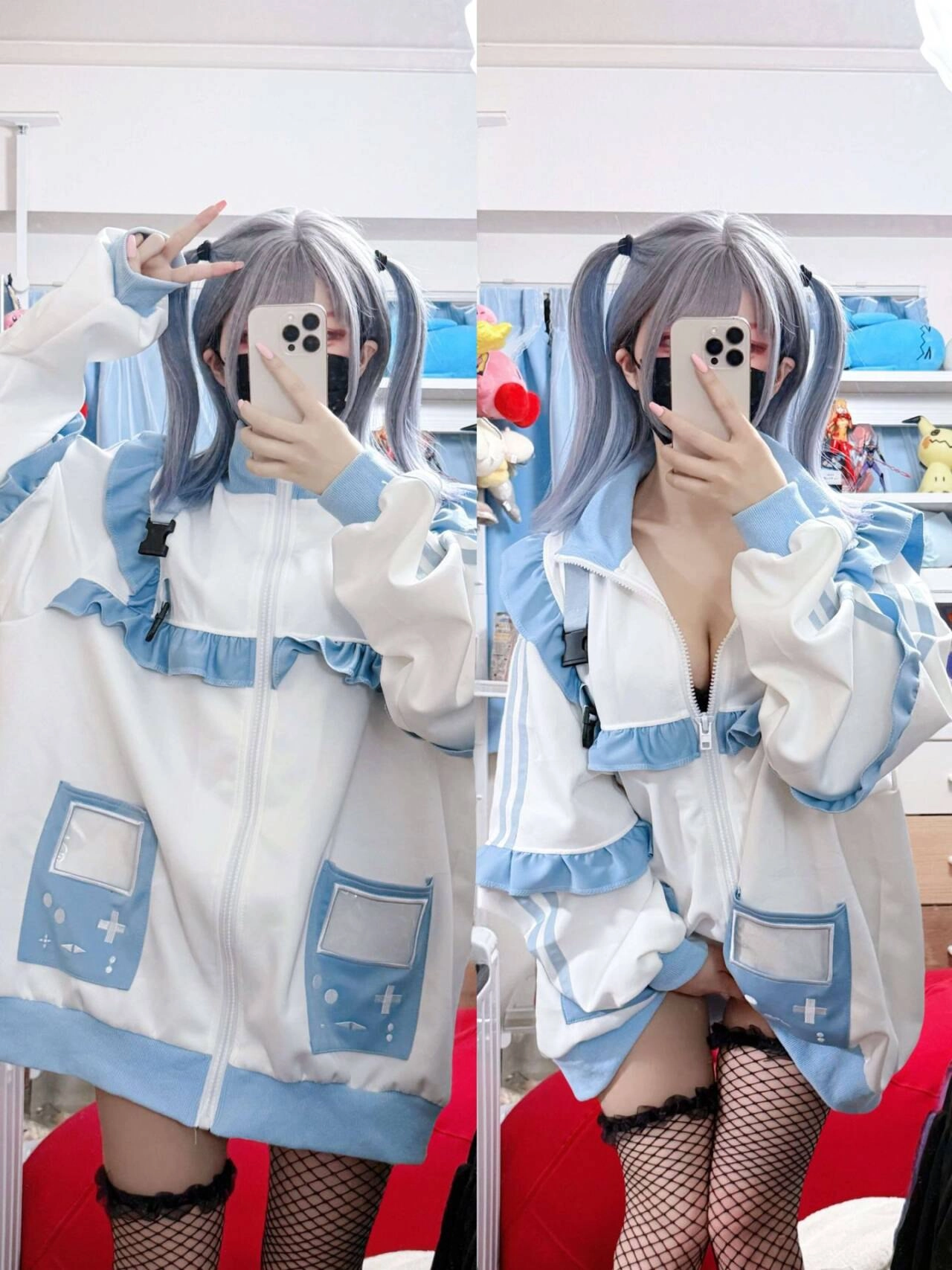 一位穿着红色和白色服装的女人拍了一张自拍。