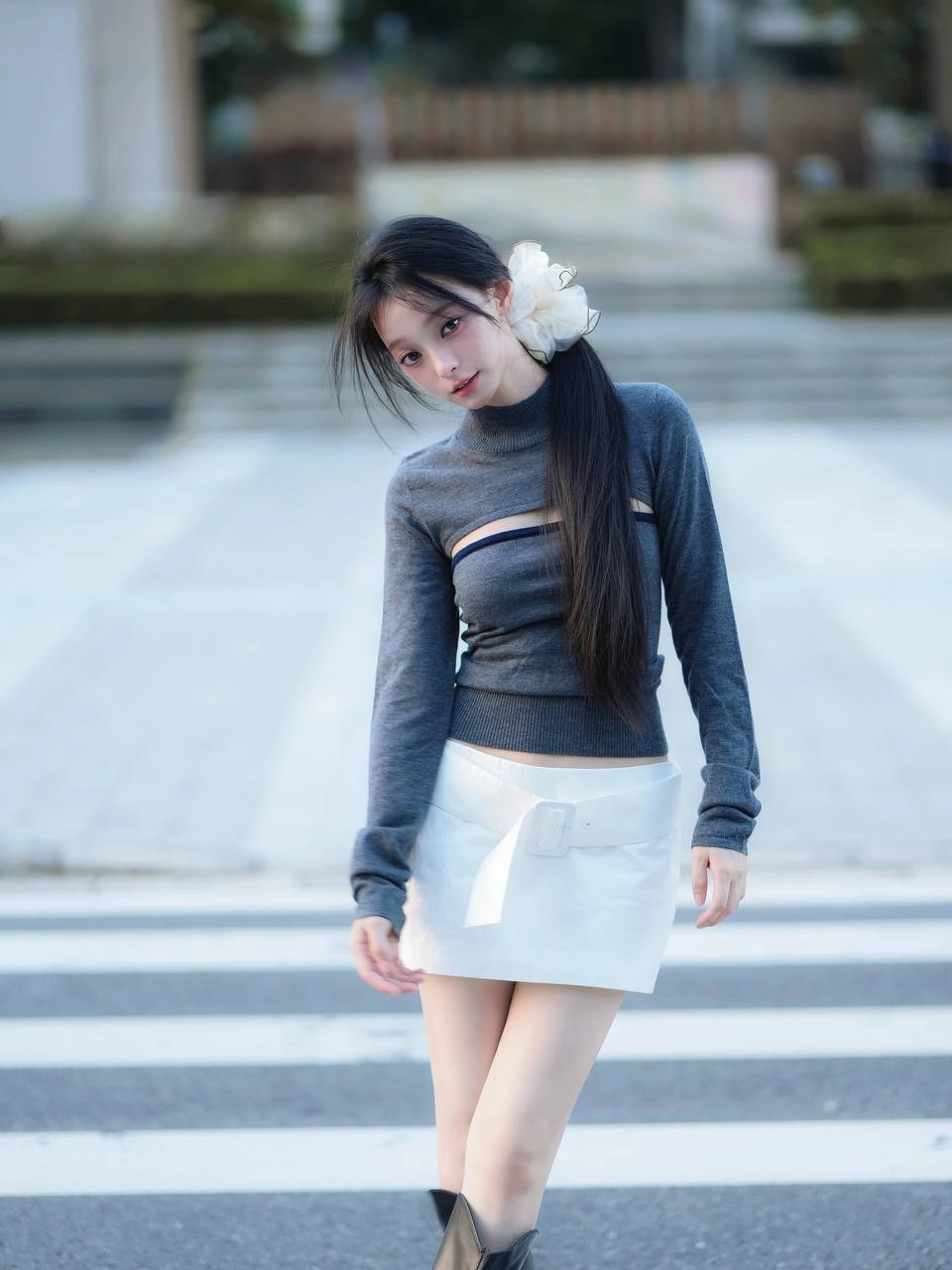 一位穿着灰色衬衫和白色衬衫的女人坐在地上。