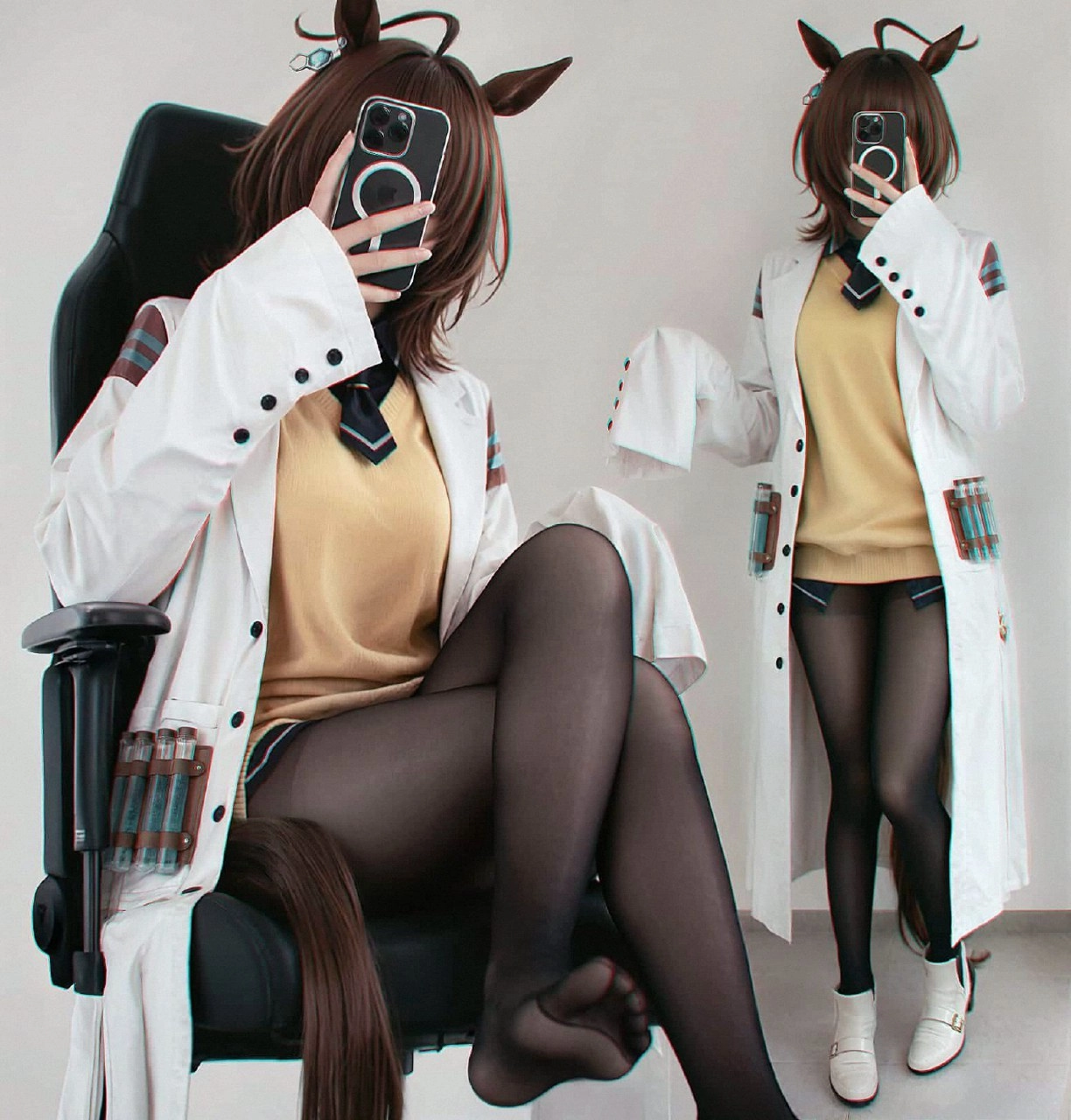 一位穿着白色外套和黑色衬衫的女人正在拍照自己。