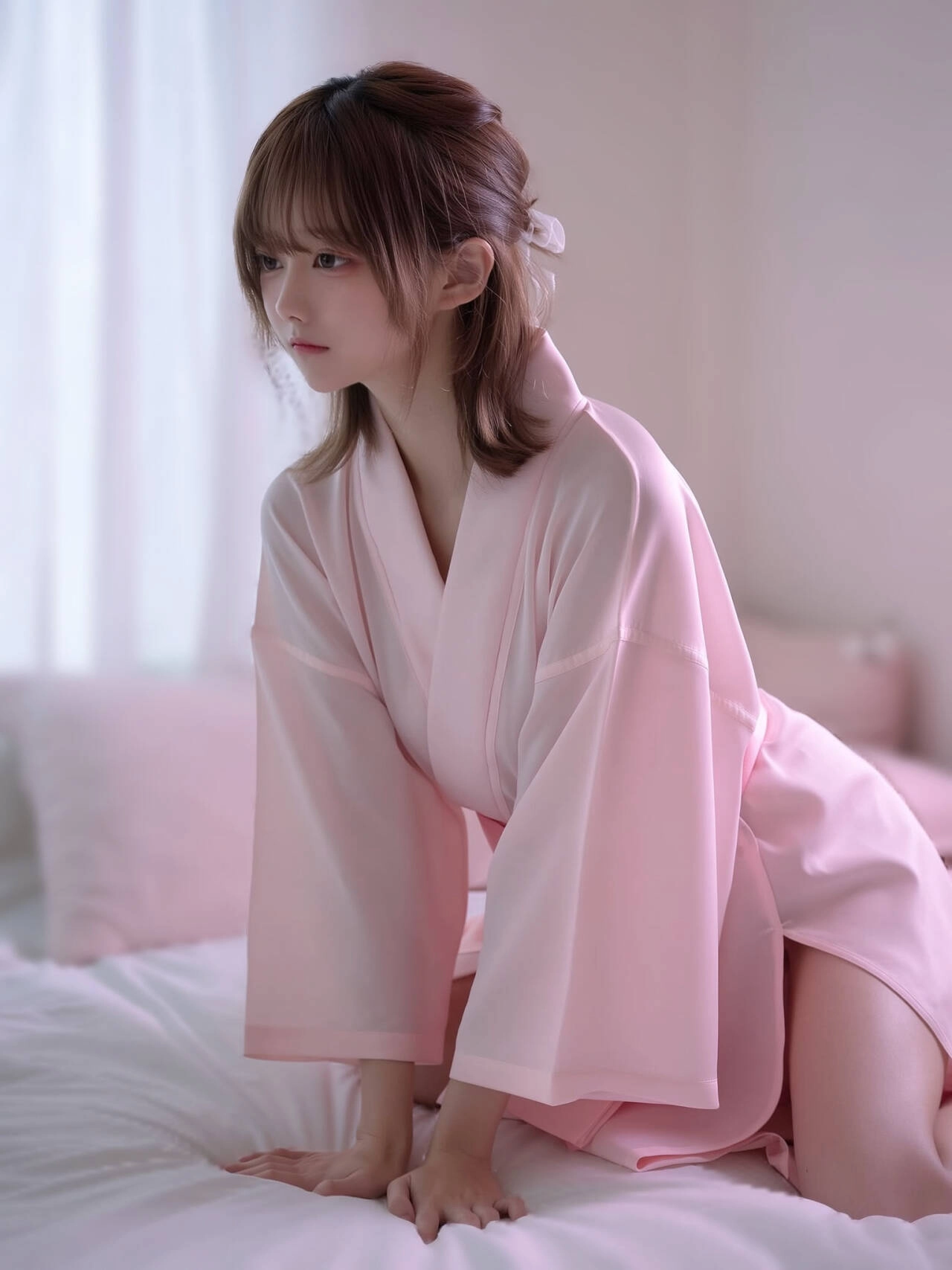 穿着粉红色衣服的女人坐在床上。