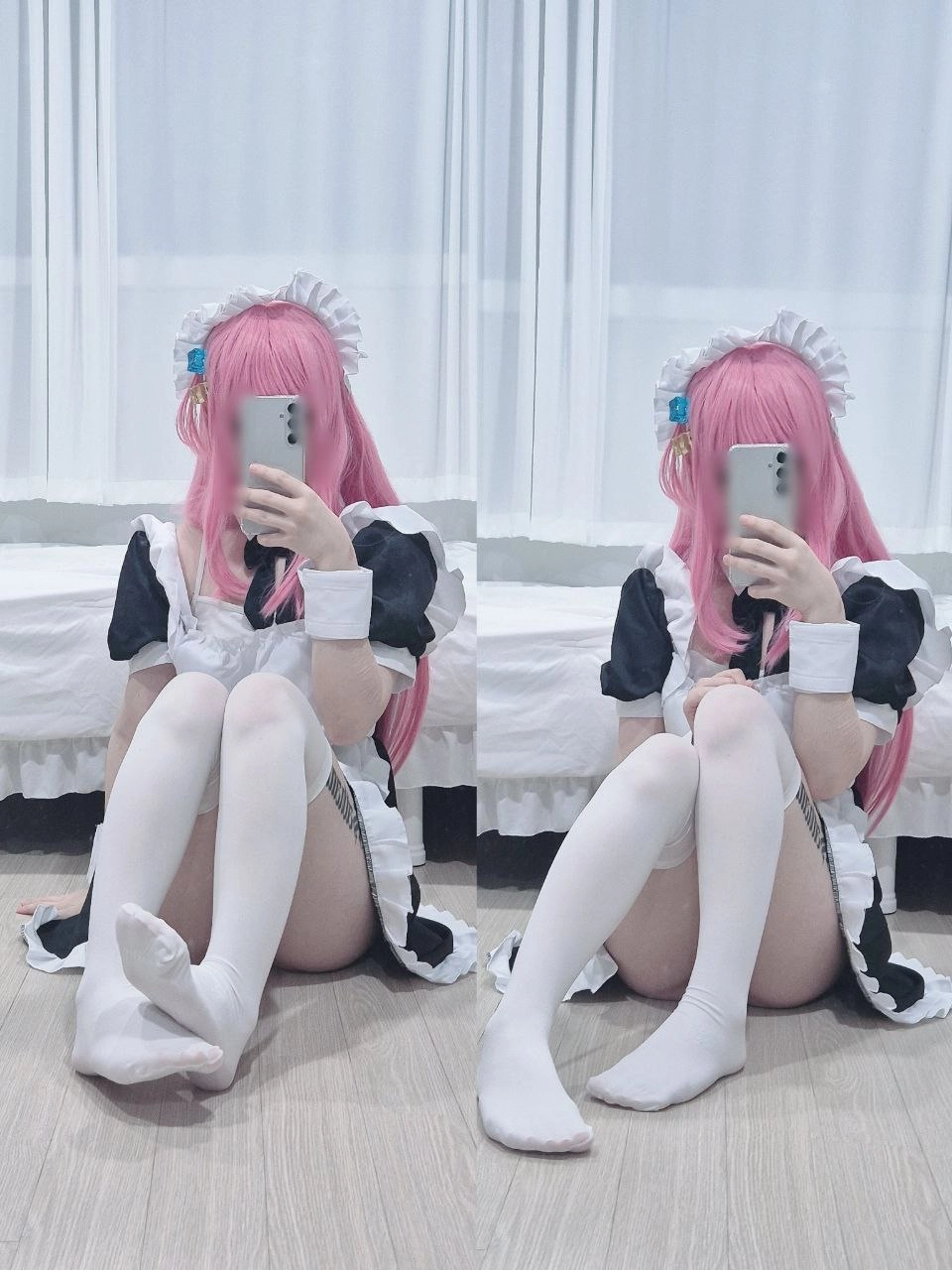 穿着女仆的服装的女人拍了一张自拍。