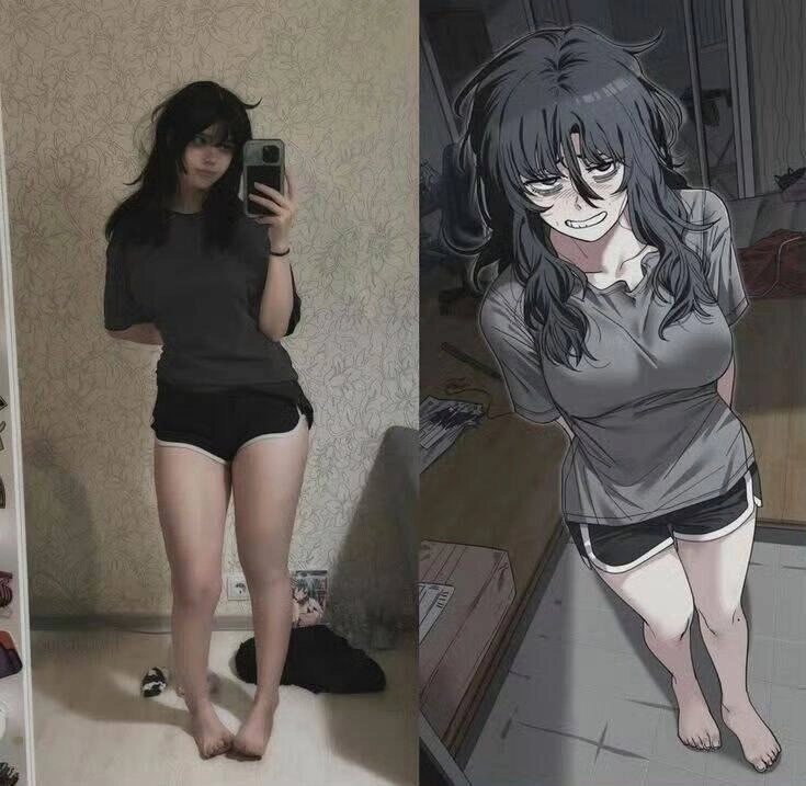 女人在芒果角色面前拍自拍。