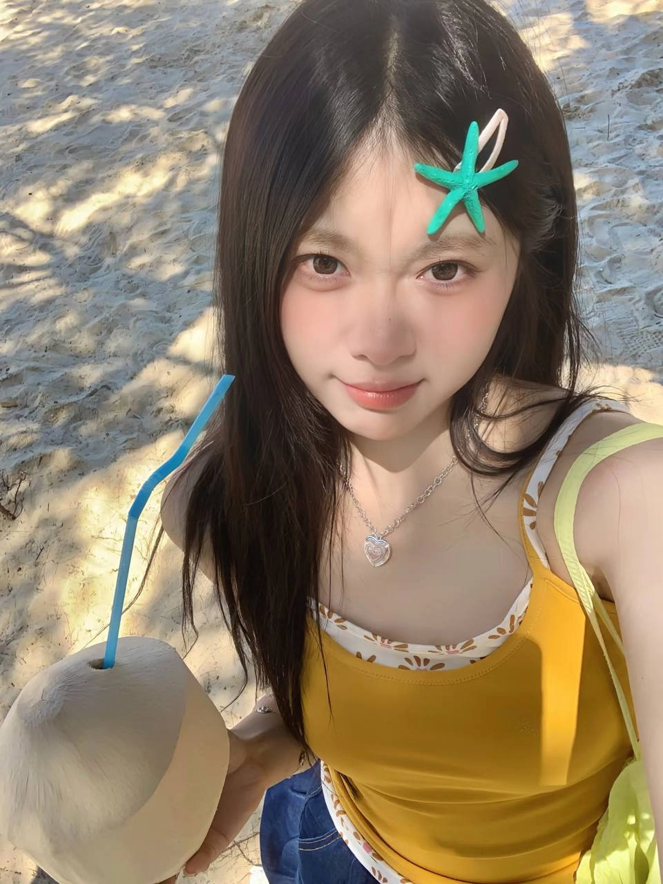 女人拿着一个椰子饮料与一根子。