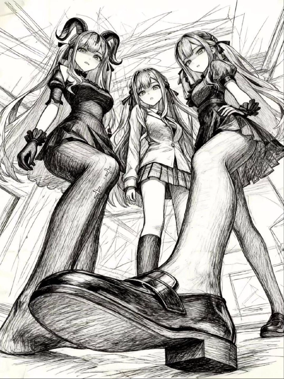 黑色鞋子上站着的三位女生。