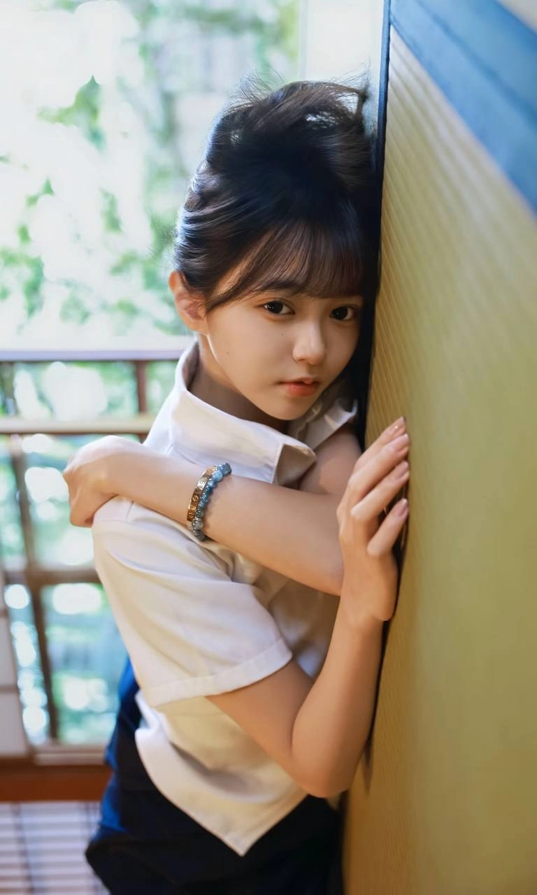 穿着白色衬衫和蓝色手的女孩。