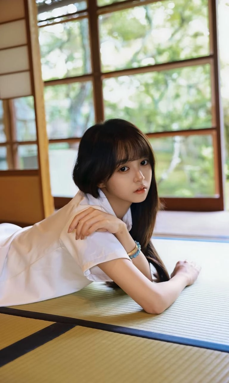 穿着白色衬衫和蓝色手的女孩。