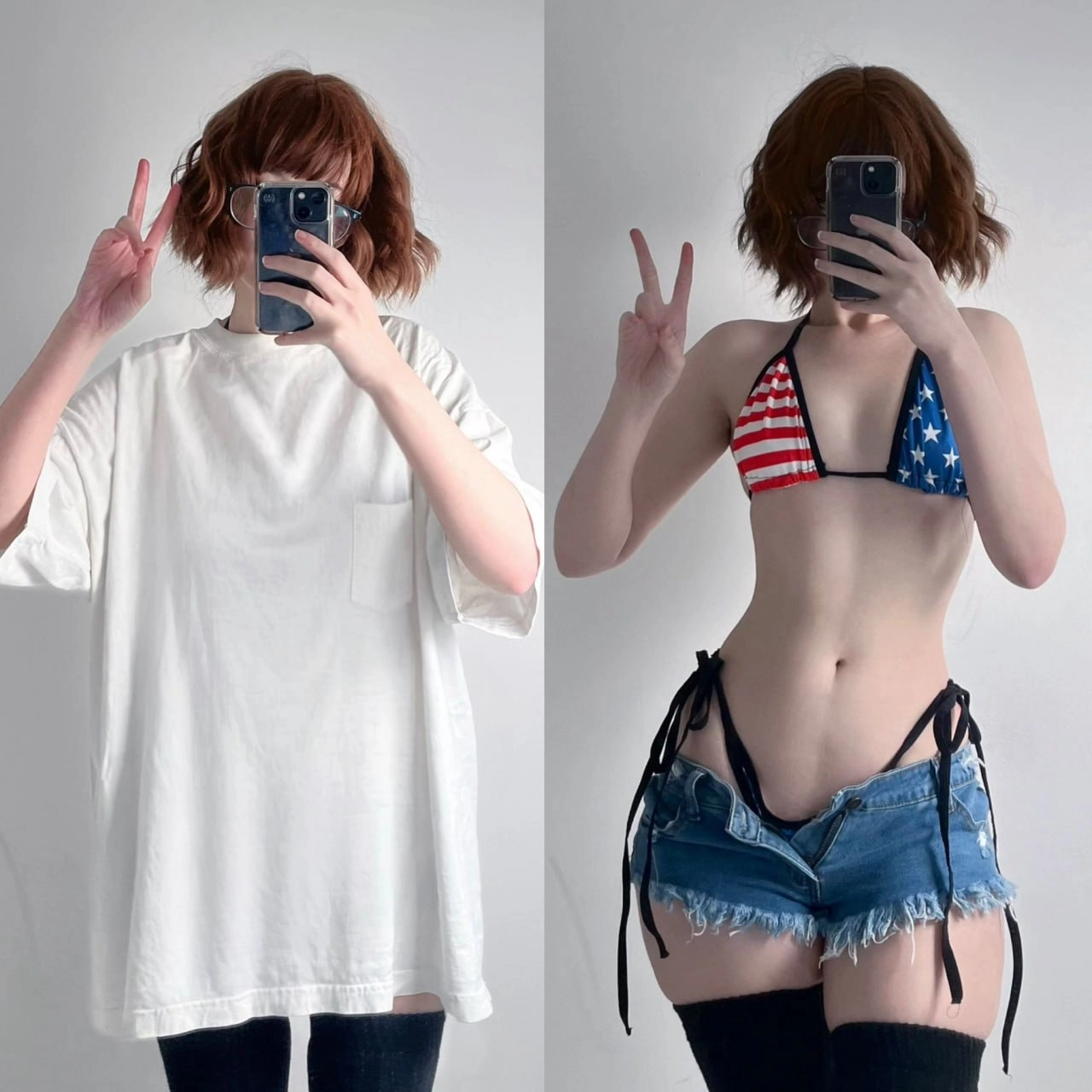 两个女人,穿着白衬衫,一个穿着红色,白色和蓝色比基尼,拍自拍。