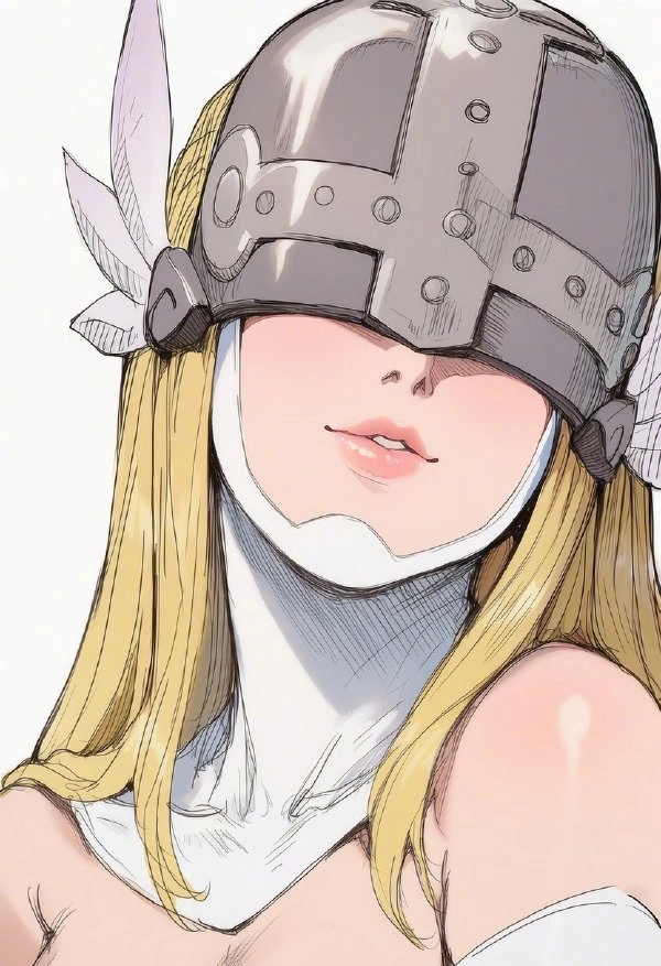 头上戴着头盔的女人。