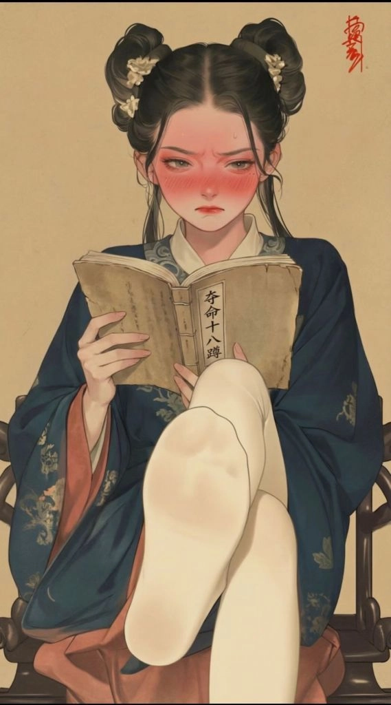 红嘴唇的女人读一本书。