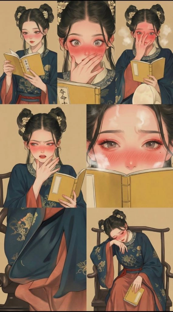 红嘴唇的女人读一本书。