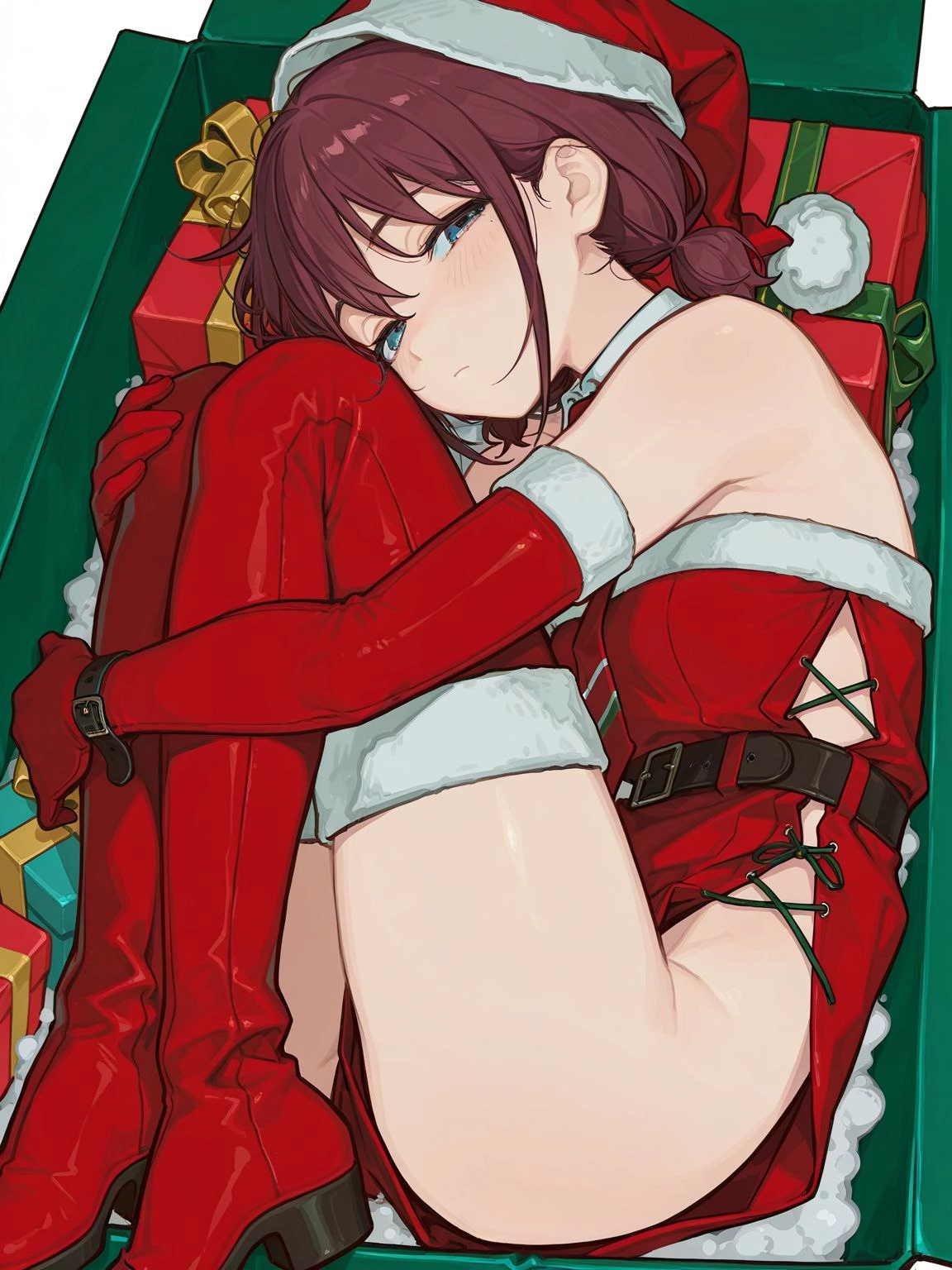 穿着圣诞老人服的女人正在躺下。