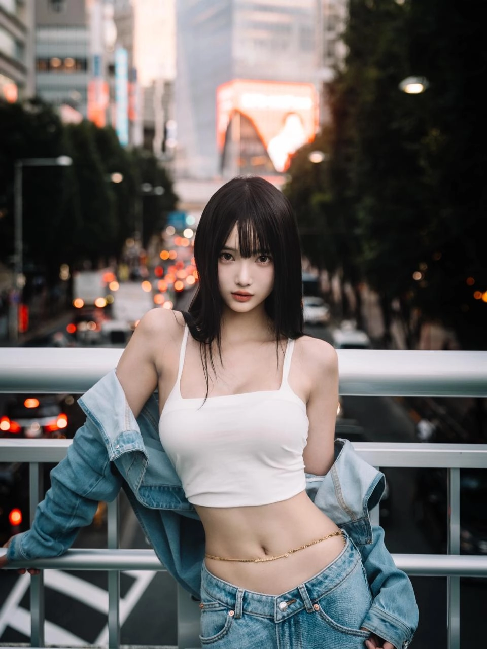 一位穿着白色衬衫和蓝色牛仔裤的女人站在桥上。