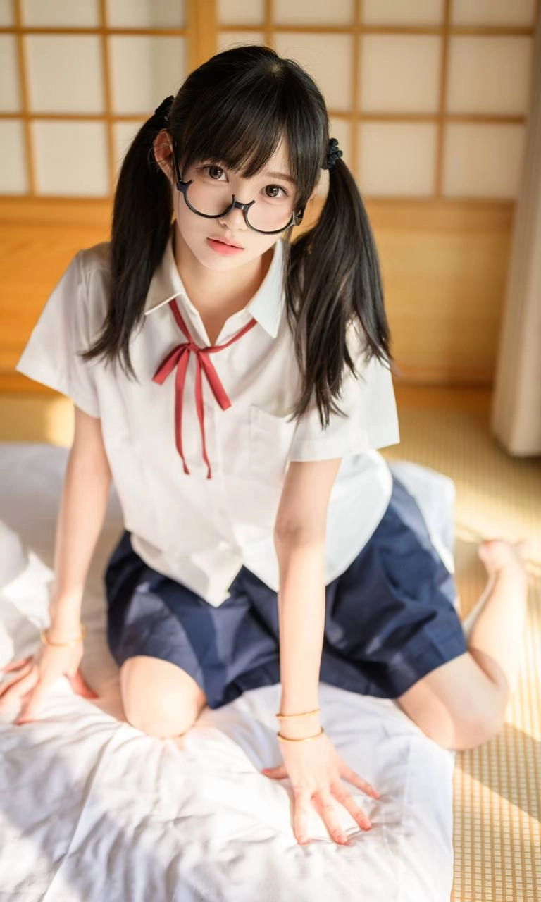 一位戴着眼镜和头发上的红弓的女孩正在剪掉头发。