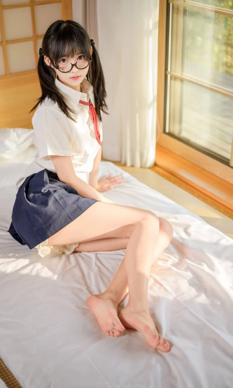 一位戴着眼镜和头发上的红弓的女孩正在剪掉头发。