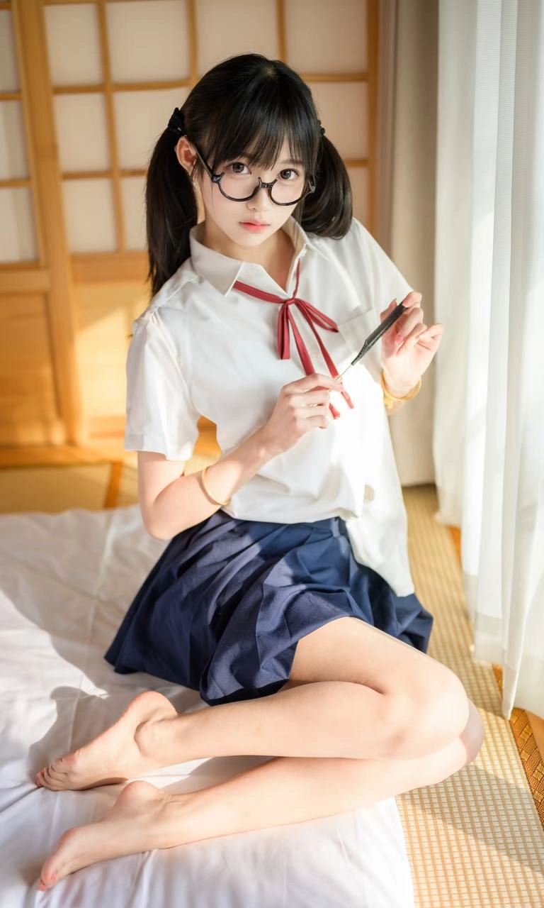 一位戴着眼镜和头发上的红弓的女孩正在剪掉头发。