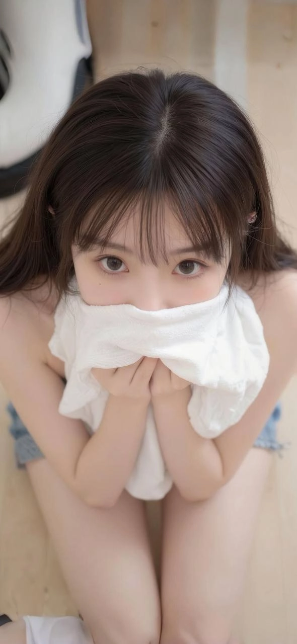 女孩带着一个白色的毛巾遮住她的嘴巴。