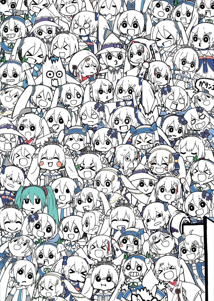 一大堆的动漫人物与蓝色弓。