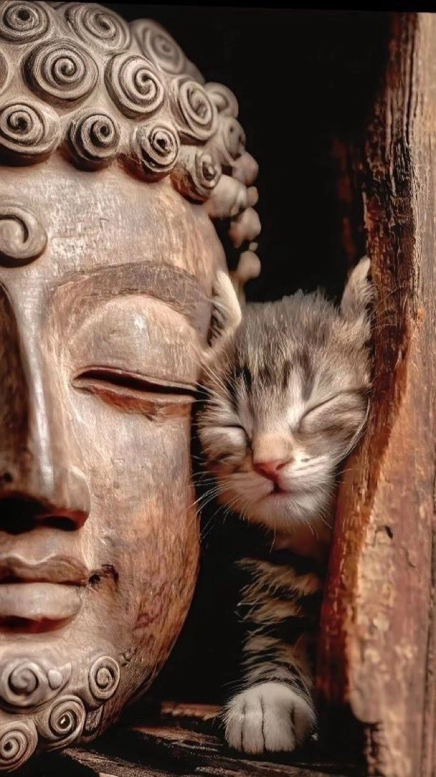 猫咪睡在雕像上。